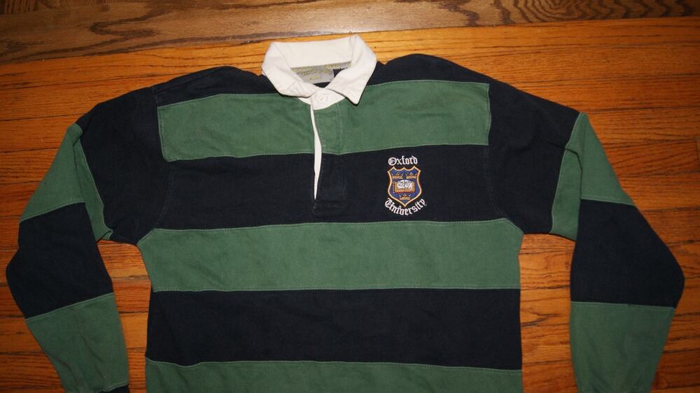VTG Rugby Shirt Mens L Blue Green Stripe Oxford University College Store 90s